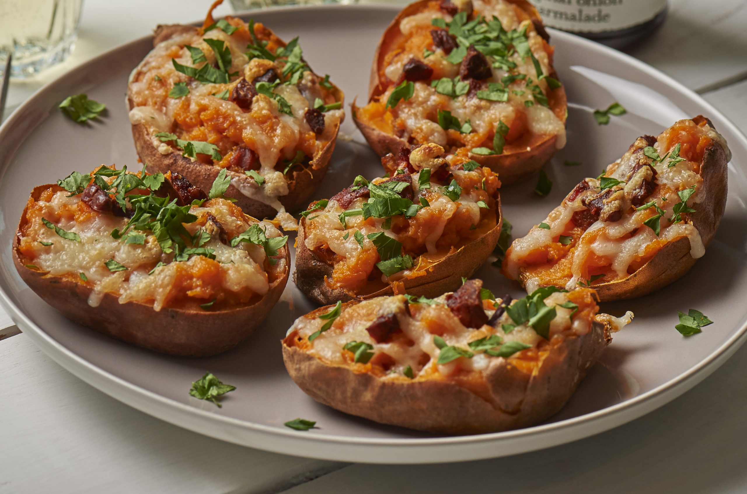 Baked stuffed sweet potato with chorizo de leon