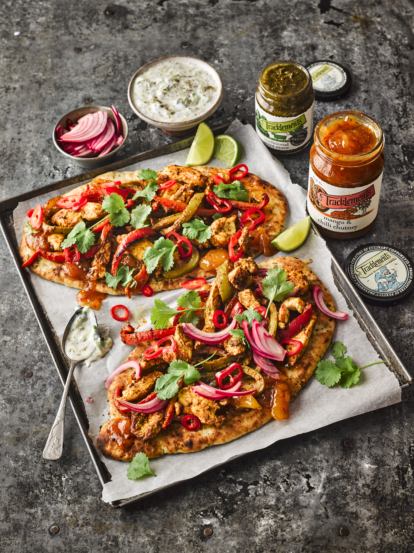 Naan Pizzas with Mango & Chilli Chutney and Traditional Mint Sauce Raita